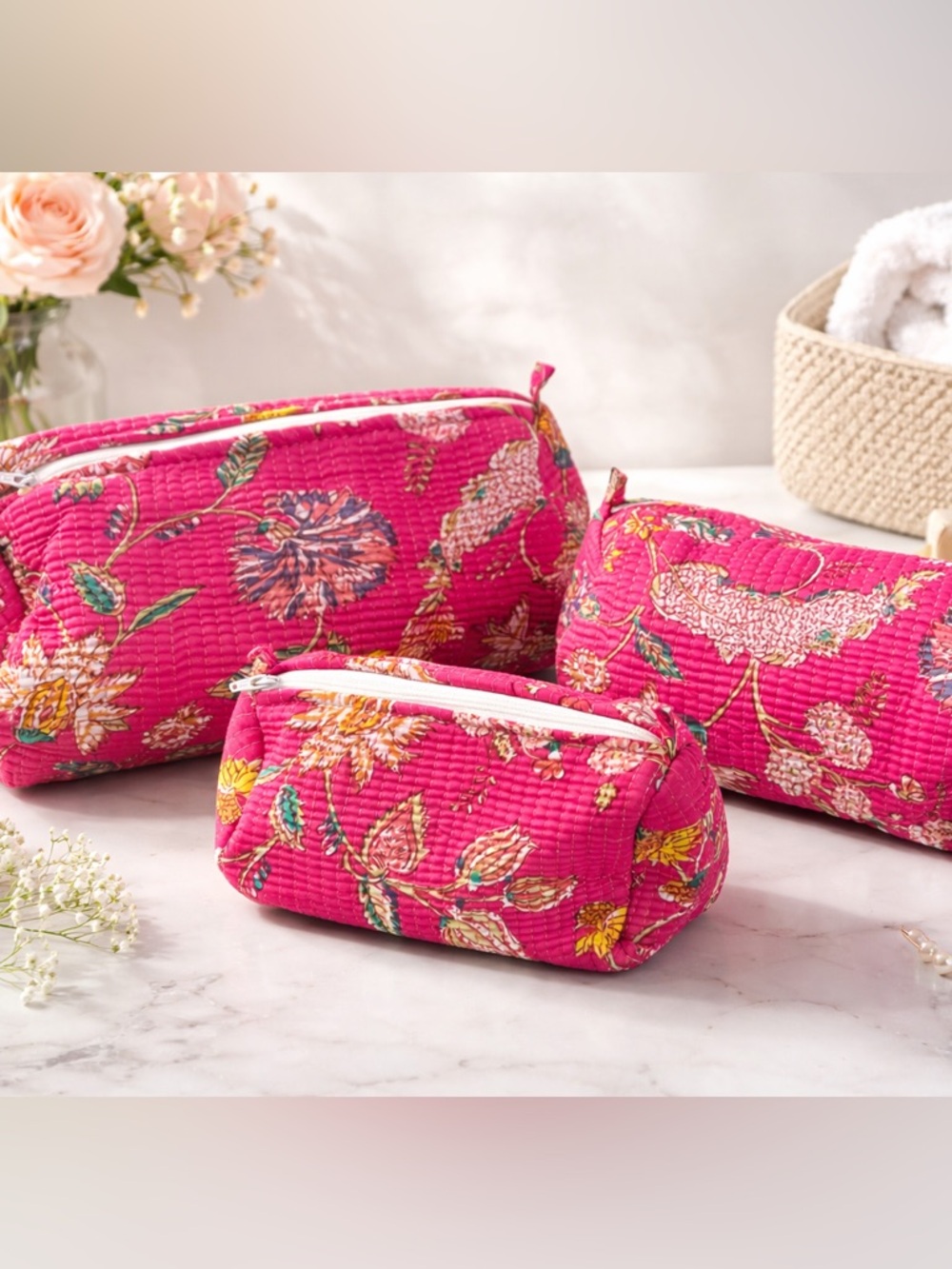 Quilted Floral Pink Cosmetic Bag Trio